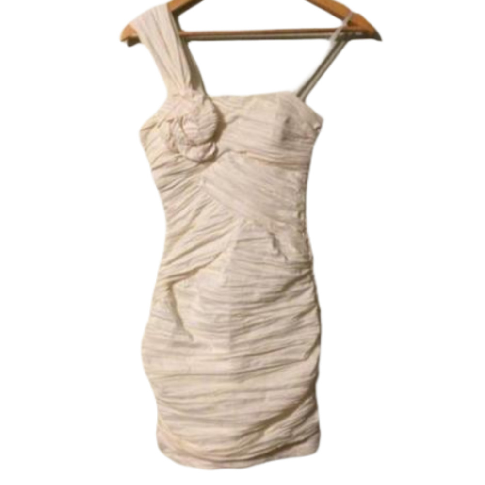 One-Shoulder Cream Mini Dress with Rosette Detail